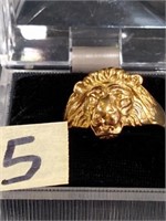 Mens Sterling Lion Head gold overlay ring sz 12