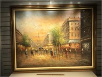 Large oil on canvas, Paris Street scene, Eiffel