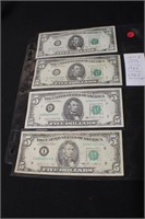 Lot of 4 $5 Bank Notes See Description