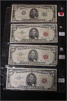 Lot of 4 Various $5 Bank Notes