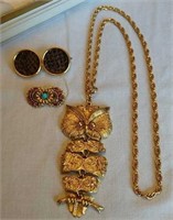 owl necklace, broach, earrings