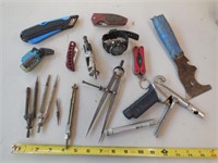 Drafting Compasses, Hole Saw, Knives, Watch, etc
