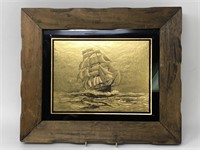 Vintage Gold Foil Wood Framed Ship Art