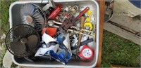 3 containers of misc. chain, wrenches, 3 car fans