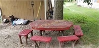 Red picnic table and benches