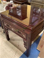 Chinese square game table, with a cut glass top,