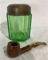 Antique green glass brass top tobacco jar with a