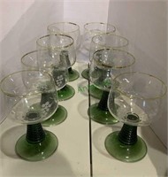 8  vintage green glass German rumer rum glasses,
