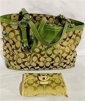 Marked coach green leather double C canvas purse