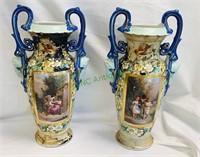 Pair of antique porcelain vases, double handle