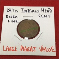 1870 Indian head cent, extra fine, large market