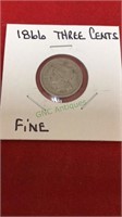 1866 three cents, fine.(1178)