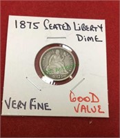 1875 seated liberty dime, very fine, good