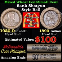 Mixed small cents 1c orig shotgun roll, 1920-d Whe