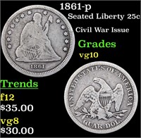 1861-p Seated Liberty 25c Grades vg+