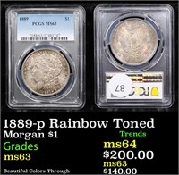 1889-p Rainbow Toned Morgan $1 Graded ms63