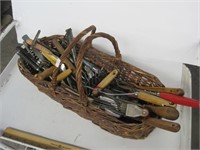 21" long basket of vintage kitchen utencils