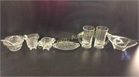 Four piece set of clear glass and Three piece