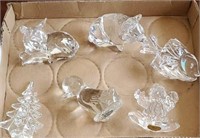 Box of glass animal paper weights and Christmas