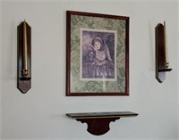Angel print with wall sconces and shelf