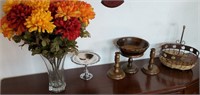 Vase of flowers, wooden console set, basket, etc