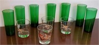 7 green depression water glasses and 4 pheasant