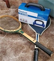2 tennis rackets and Reebok kettleweight