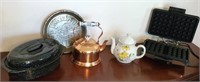 Group lot - waffle maker, copper tea kettle,