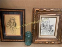 Pair of Native American framed sketch artwork pcs