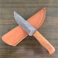 8" Damascus Steel Knife with Leather Sheath