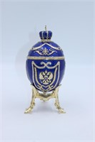 Faberge Style Blue Enamel Egg on Stand