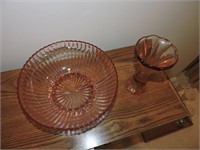 Vintage Depression Glass Ribbed Footed Bowl & Vase