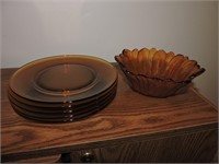 Vintage Amber Indiana Glass Candy Bowl & 5 Plates