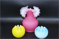 Cased satin glass Ruffled Vase & 2 Rose Bowls