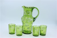 Victorian Enameled pitcher & 4 glasses