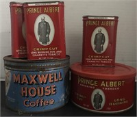 5 VINTAGE TINS 4 PRINCE ALBERT MAXWELL HOUSE COFFE