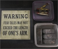 FISHING LOT: SIGN, 5 LURES AND 4 WEIGHTS