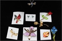 Assorted Floral, Bird, and Dragonfly Brooches Pins