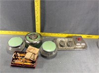 Glass cosmedic containers and tin tray w/ dishes