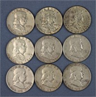 (9) Franklin Silver Half Dollars