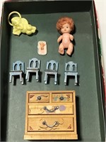 Vintage doll house items & baby rattle