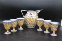 Deruta Italian Pottery Pitcher and 6 Goblets Set