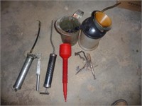 Oil jugs, wrenches, grease gun, Tranny oil pump