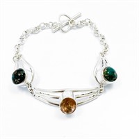 Peach Diamante & Chrysocolla Silver Bracelet