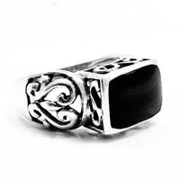 Handwrought Scrollwork Silver & Onyx Band Ring