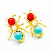 Designer Turquoise & Coral Gold Ant Post Earrings