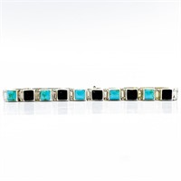 Geometric Turquoise & Onyx Silver Bracelet