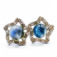 Modern Diamante & Labradorite Halo Earrings WG