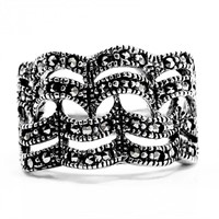 Wide Scalloped Ribbon Silver & Marcasite Band Ring