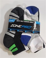 6PACK ZONEPRO BOYS HALF CUSHION ANKLE SOCKS